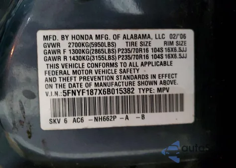 2006 Honda Pilot Ex from USA, damaged, VIN 5FNYF187X6B015382